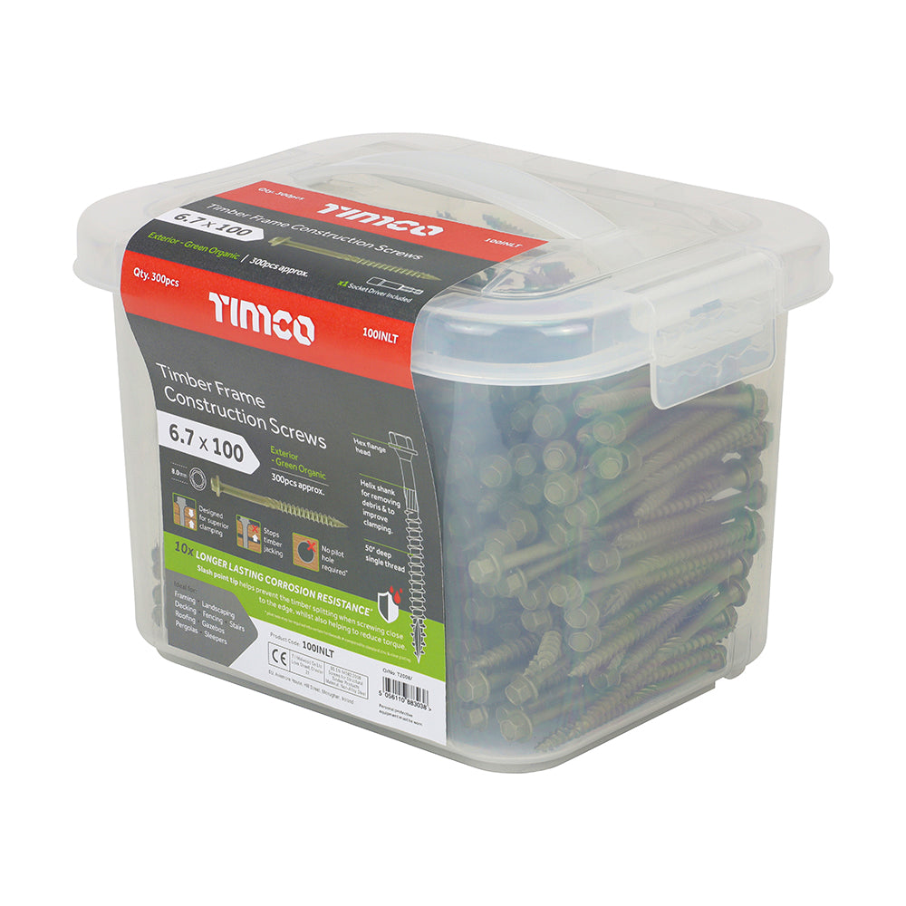 Timber Frame Construction & Landscaping Screws - Hex - Exterior - Green Organic - 6.7 x 100 - Tub of 300
