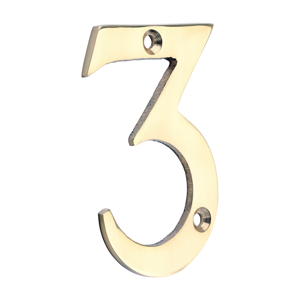 Door Numeral 3 - Polished Brass - 75mm - Bag of 1