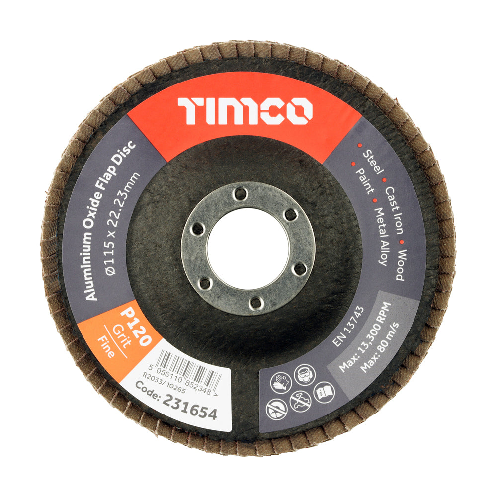 Set of Flap Discs - Aluminium Oxide - Type 29 Conical - 120 Grit - 115 x 22.23 - Pack of 10