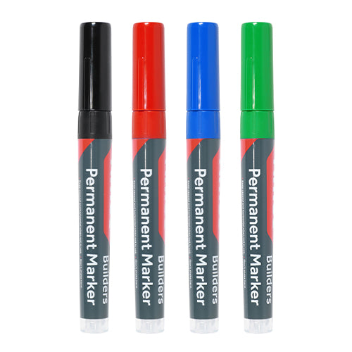 Builders Permanent Markers - Fine Tip - Mixed Colours - Fine Tip - Box of 4