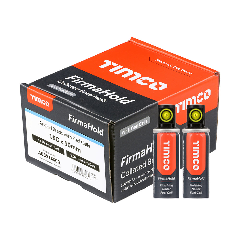 FirmaHold Collated Brad Nails & Fuel Cells - 16 Gauge - Angled - A2 Stainless Steel - 16 x 50/2BFC - Box of 2000