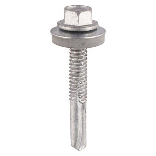 Metal Construction Heavy Section Screws - Hex - EPDM Washer - Self-Drilling - Exterior - Silver Organic - 5.5 x 38 - Box of 100