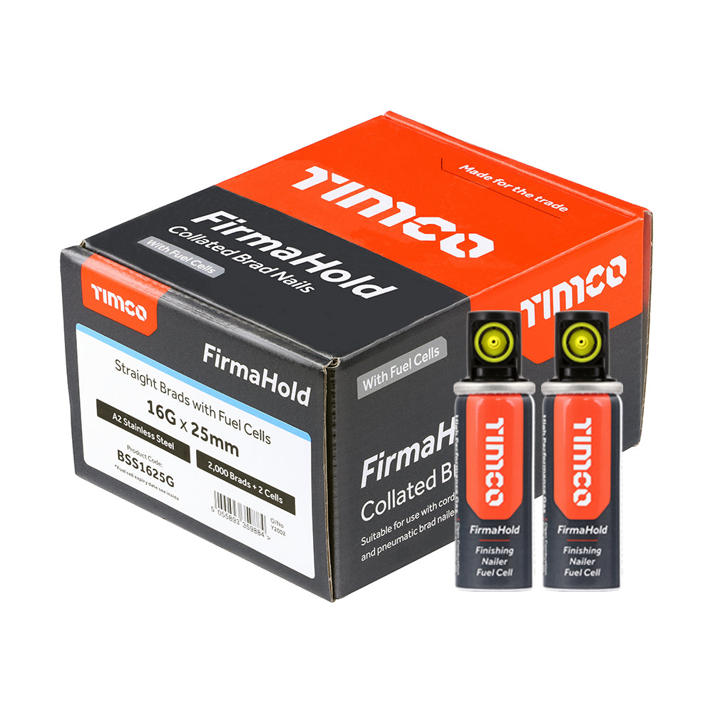 FirmaHold Collated Brad Nails & Fuel Cells - 16 Gauge - Straight - A2 Stainless Steel - 16g x 25/2BFC - Box of 2000
