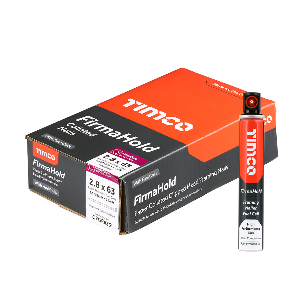 FirmaHold Collated Clipped Head Nails & Fuel Cells - Retail Pack - Ring Shank - FirmaGalv - 2.8 x 63/1CFC - Box of 1100