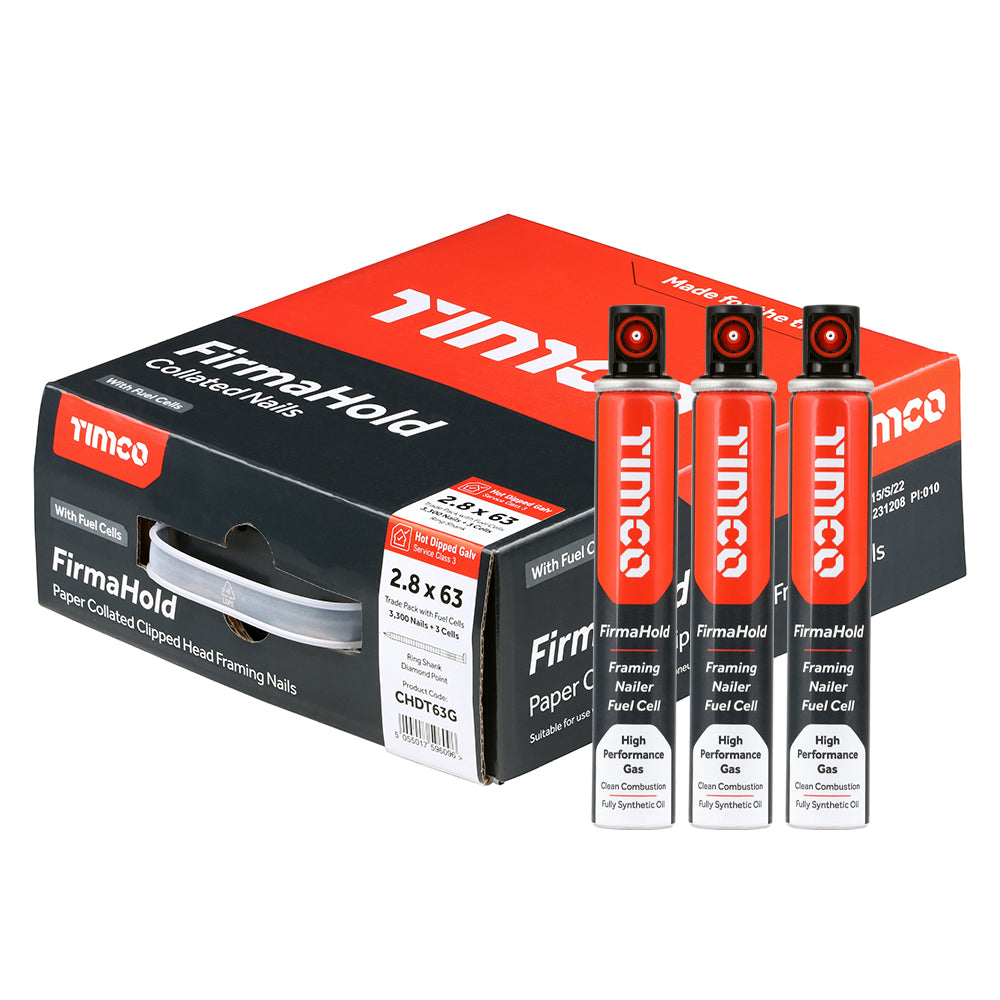 FirmaHold Collated Clipped Head Nails & Fuel Cells - Trade Pack - Ring Shank - Hot Dipped Galvanised - 2.8 x 63/3CFC - Box of 3300