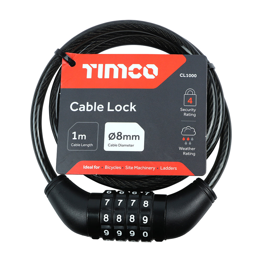 Combination Cable Lock - 8mm x 1m - Backing Card of 1