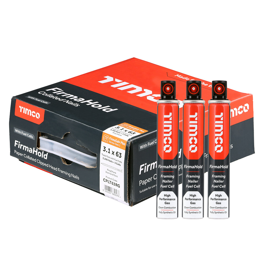 FirmaHold Collated Clipped Head Nails & Fuel Cells - Trade Pack - Ring Shank - FirmaGalv - 3.1 x 63/3CFC - Box of 3300