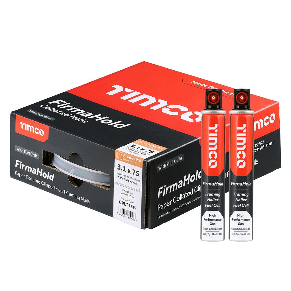 FirmaHold Collated Clipped Head Nails & Fuel Cells - Trade Pack - Ring Shank - FirmaGalv - 3.1 x 75/2CFC - Box of 2200