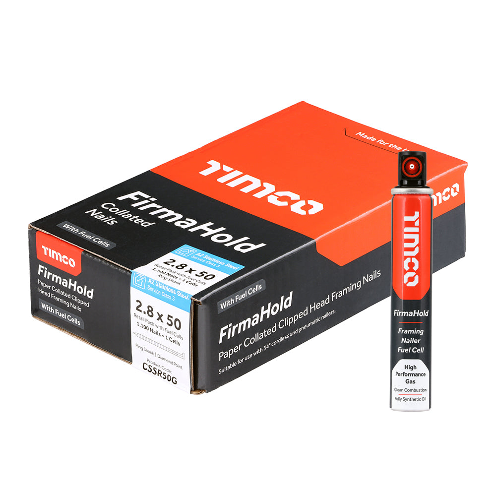 Firmahold Clipped Head Collated Nails & Fuel Cells - Retail Pack - Ring Shank - A2 Stainless Steel - 2.8 x 50/1CFC - Box of 1100