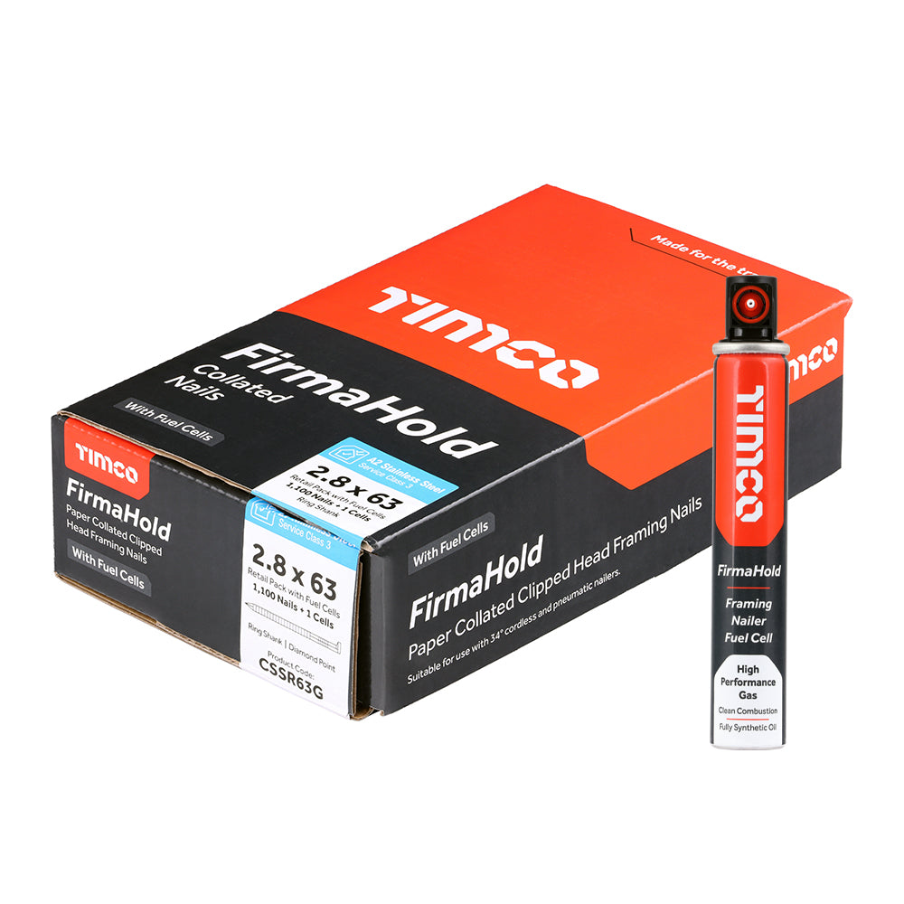 FirmaHold Collated Clipped Head Nails & Fuel Cells - Retail Pack - Ring Shank - A2 Stainless Steel - 2.8 x 63/1CFC - Box of 1100
