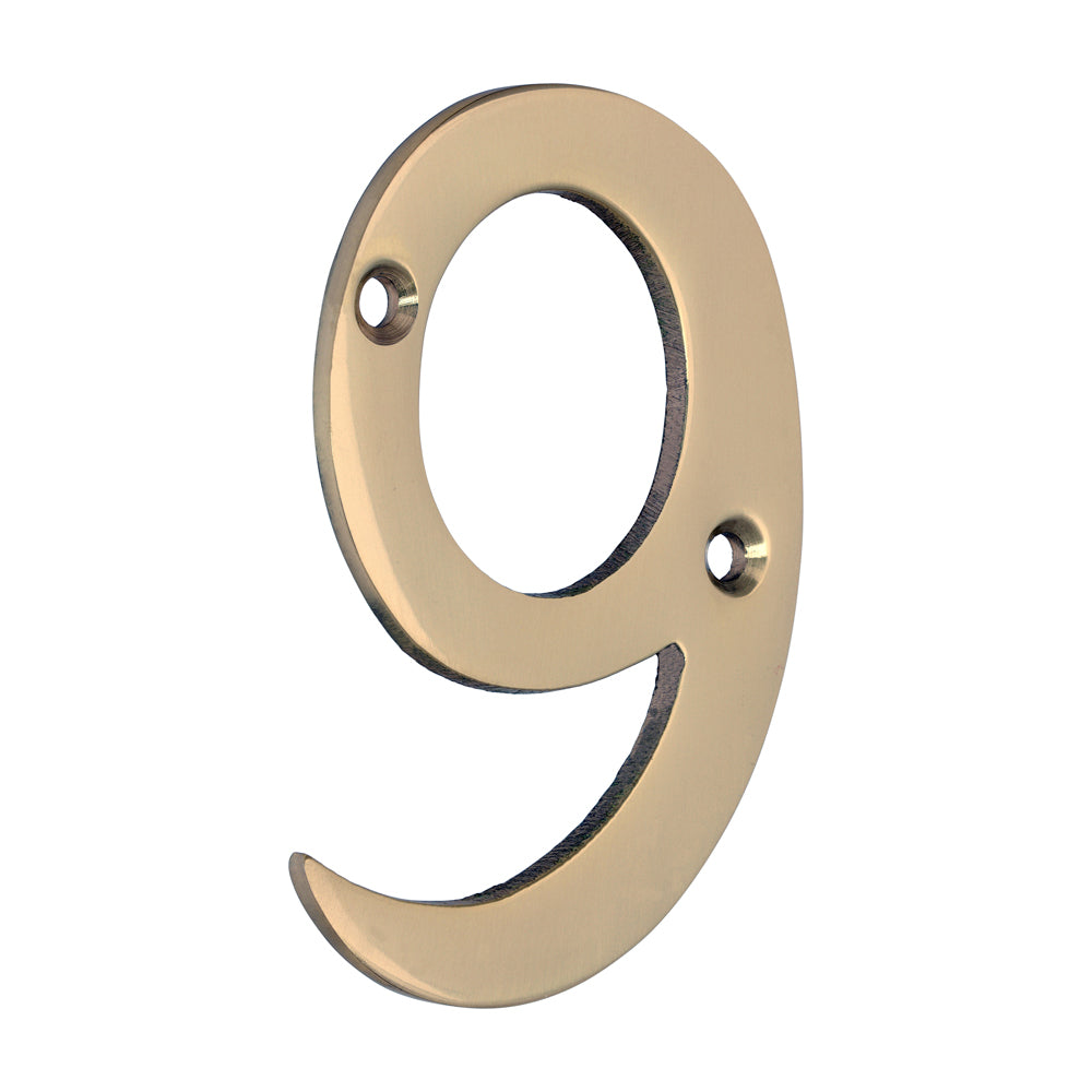 Door Numeral 9 - Polished Brass - 75mm - Bag of 1