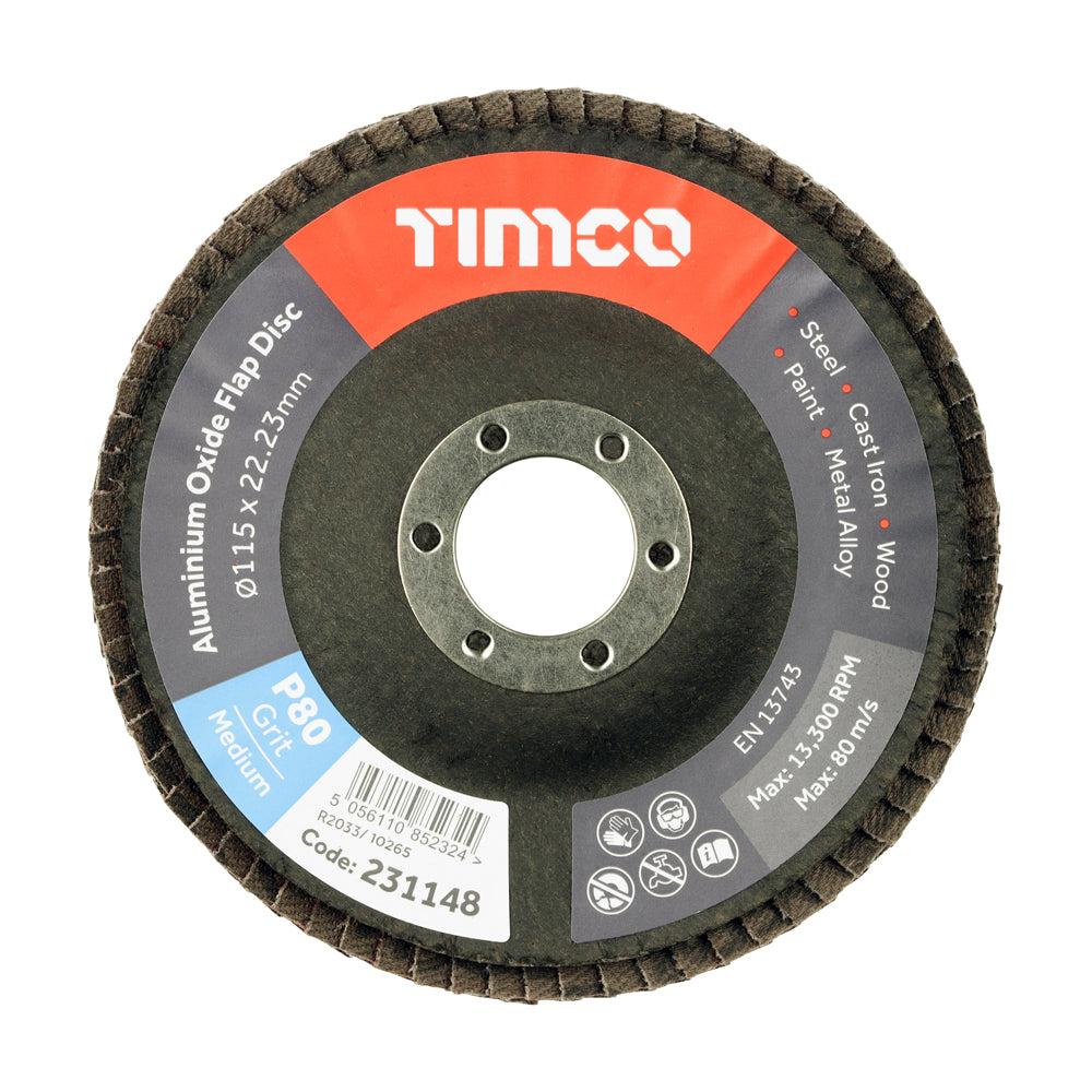 Set of Flap Discs - Aluminium Oxide - Type 29 Conical - 80 Grit - 115 x 22.23 - Pack of 10