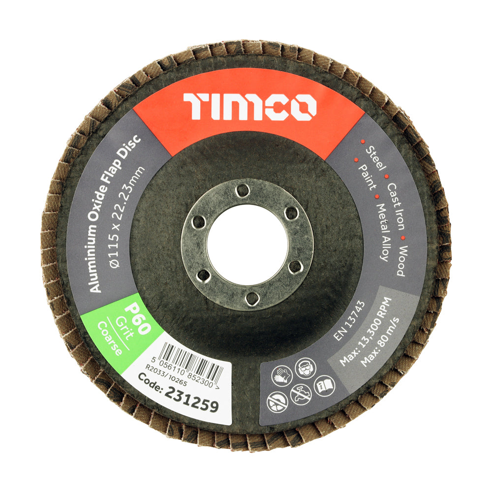 Set of Flap Discs - Aluminium Oxide - Type 29 Conical - 60 Grit - 115 x 22.23 - Pack of 10
