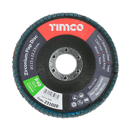 Set of Flap Discs - Zirconium - Type 29 Conical - P40 Grit - 115 x 22.23 - Box of 10