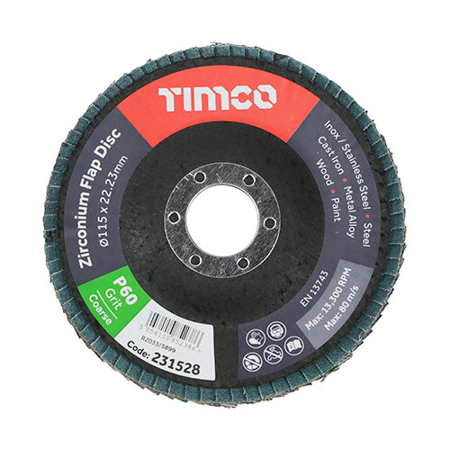 Flap Disc - Zirconium - Type 29 Conical - P60 Grit - 115 x 22.23 - Pack of 1