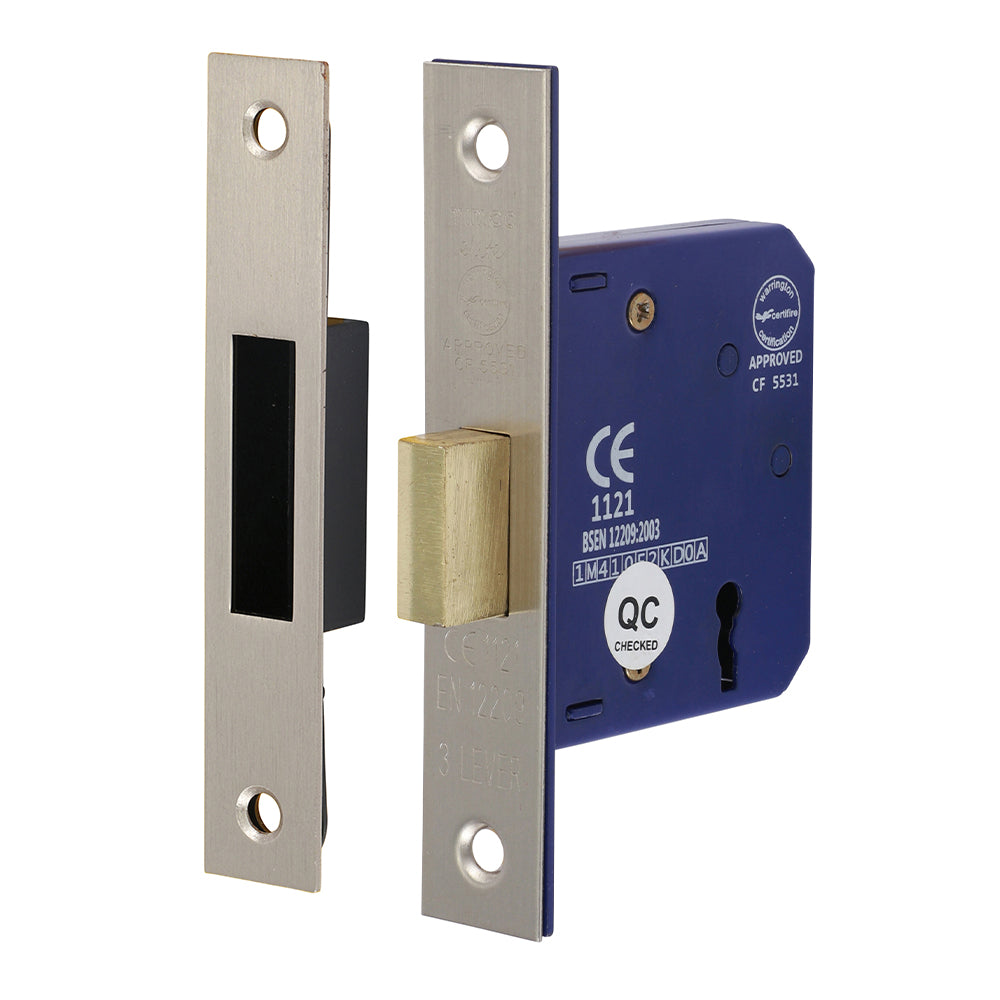 3 Lever Deadlock - Satin Nickel - 65 case / 45 backset - Box of 1