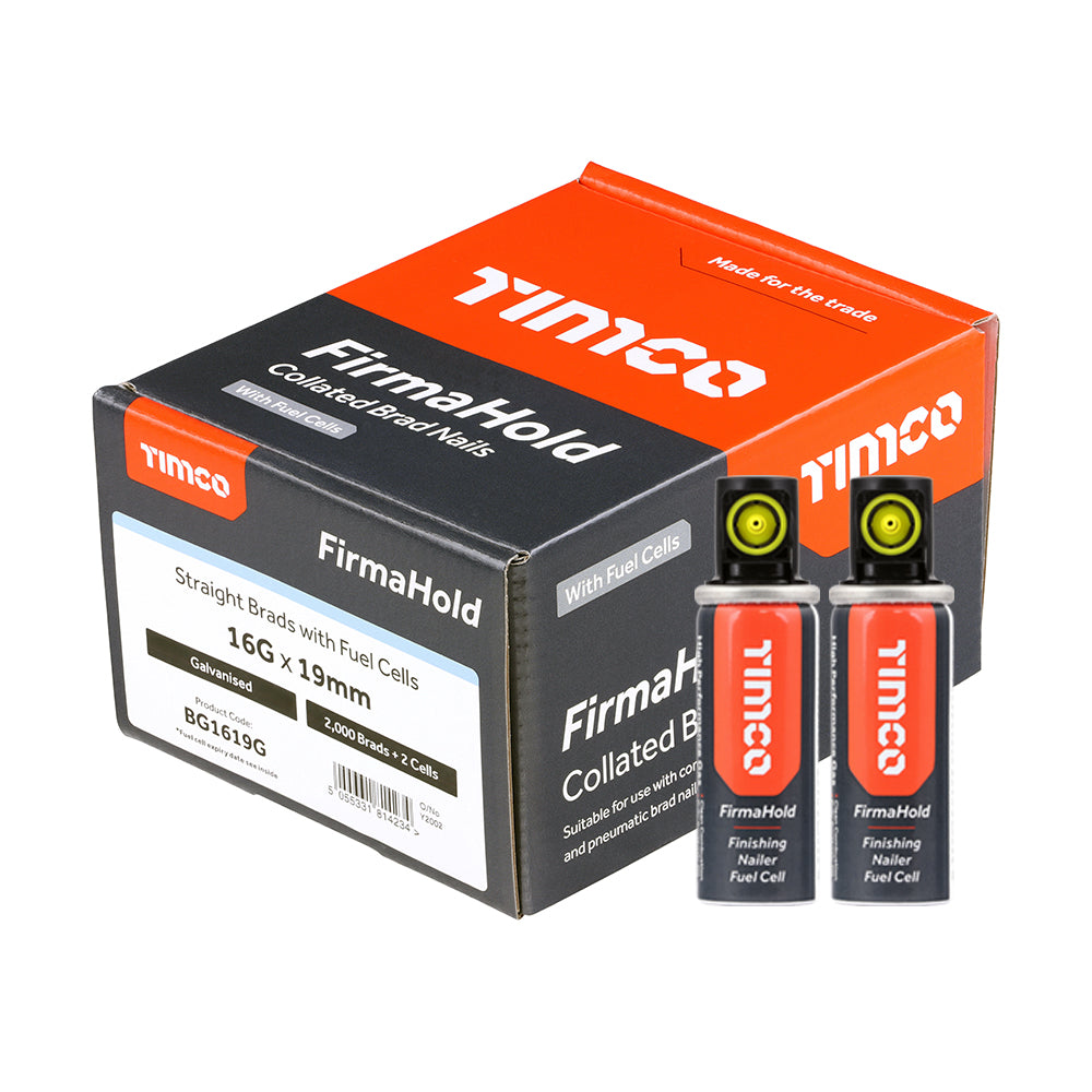 FirmaHold Collated Brad Nails & Fuel Cells - 16 Gauge - Straight - Galvanised - 16g x 19/2BFC - Box of 2000