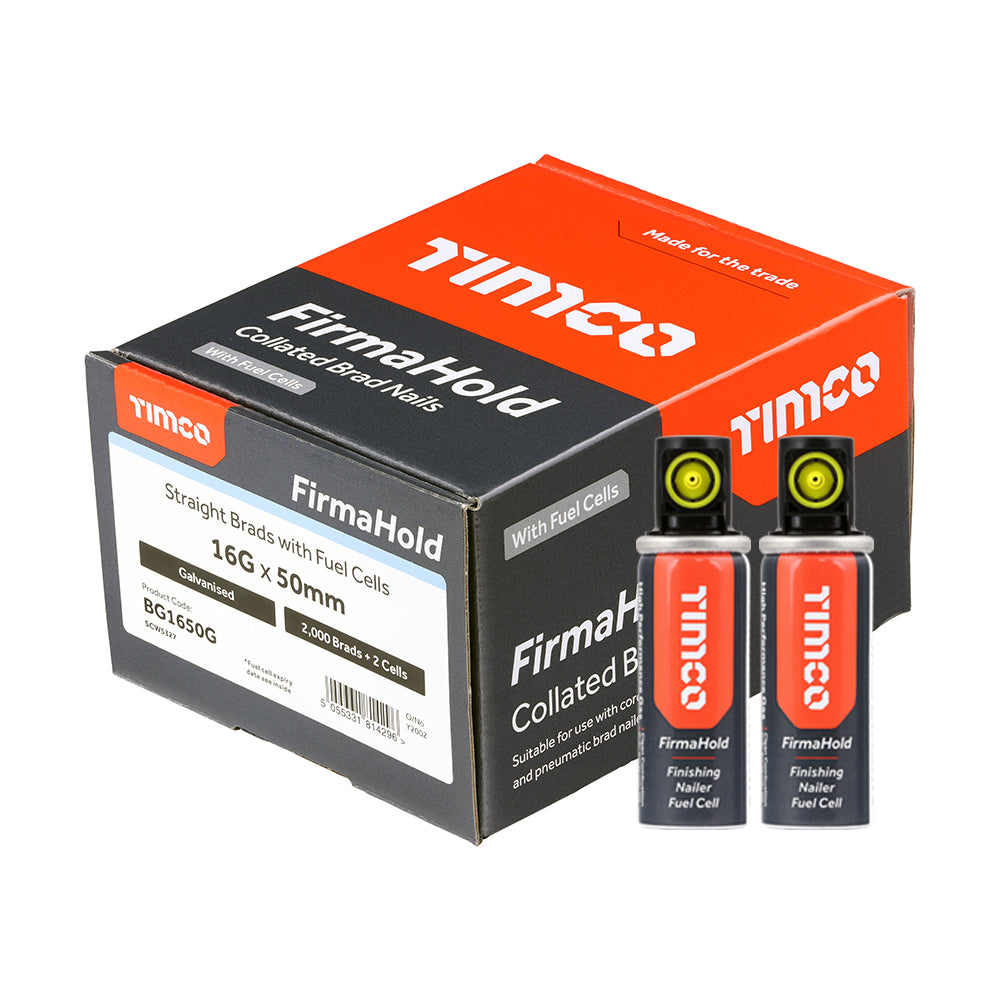 FirmaHold Collated Brad Nails & Fuel Cells - 16 Gauge - Straight - Galvanised - 16g x 50/2BFC - Box of 2000