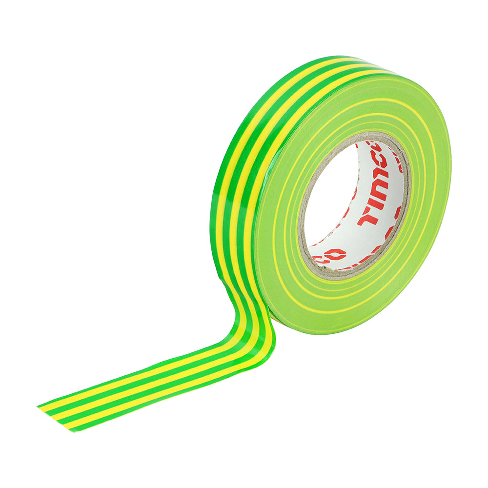 PVC Insulation Tape - Green & Yellow Stripe - 25m x 18mm - Roll Pack of 10